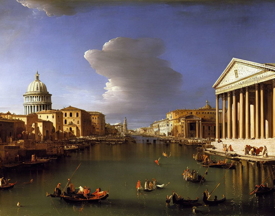 Classic Painting: Serene canal with majestic buildings, rowboats, and cloudy sky.