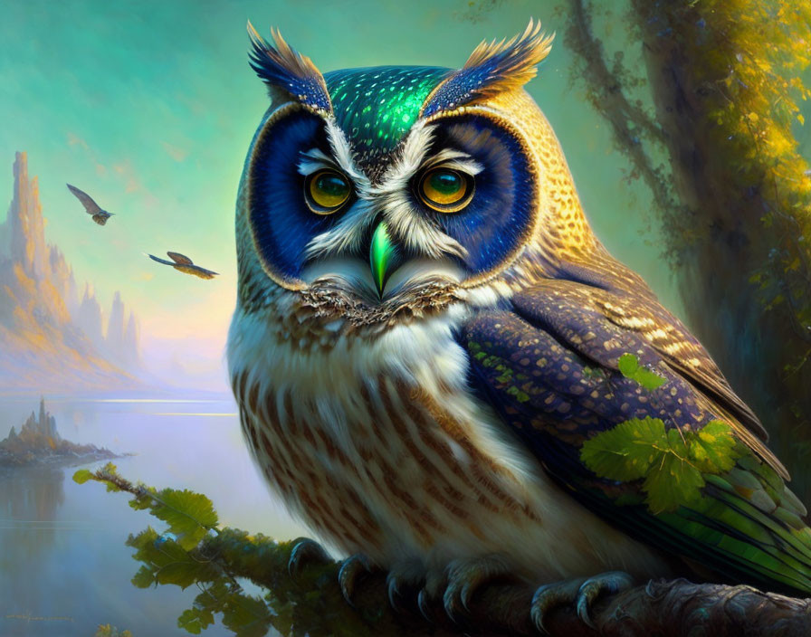 Fantastical owl illustration in mystical forest setting