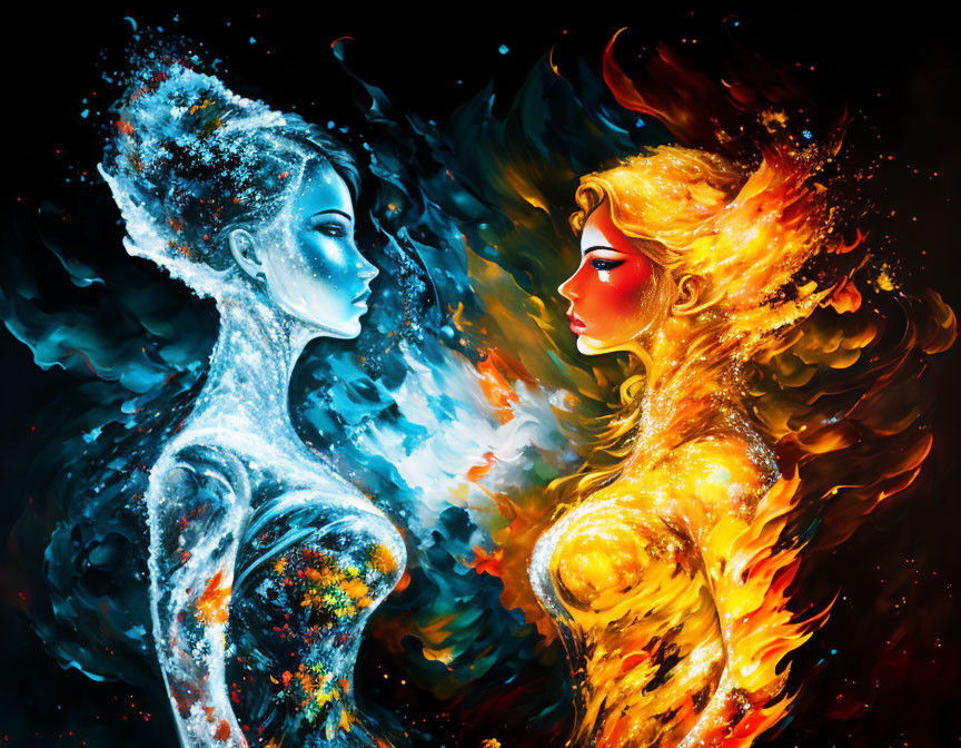 Ice and fire artistic figures in blue and orange hues facing each other.