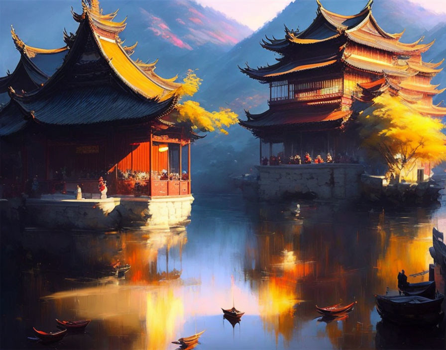 Asian-style Pavilions by Tranquil Lake at Sunset Amidst Autumn Foliage