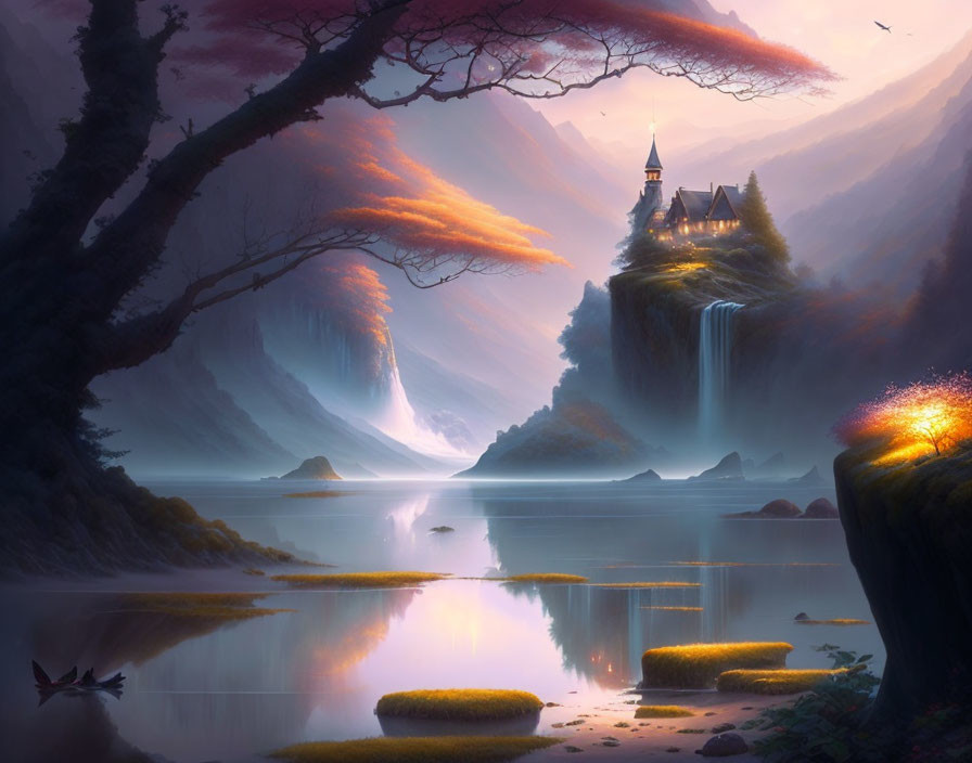 Fantasy landscape: castle on waterfall, autumn trees, misty waters.