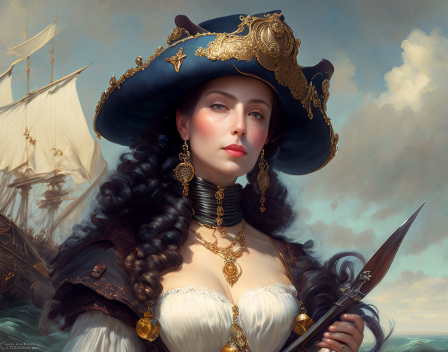 Digital artwork of woman as pirate captain with tricorne hat and ship.