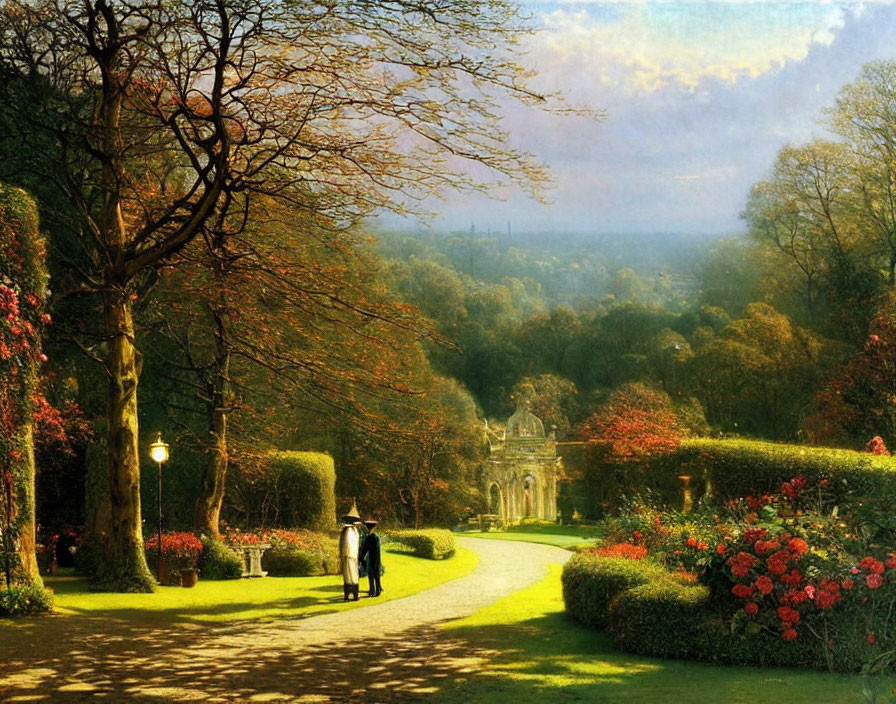 Tranquil garden pathway with trees, flowers, hedges, and figure in golden sunlight