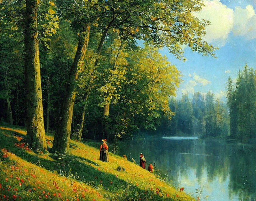 Tranquil landscape with people by a lake and lush trees