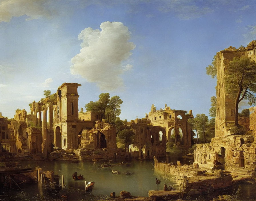 Ancient riverside ruin with arches and columns under clear blue sky