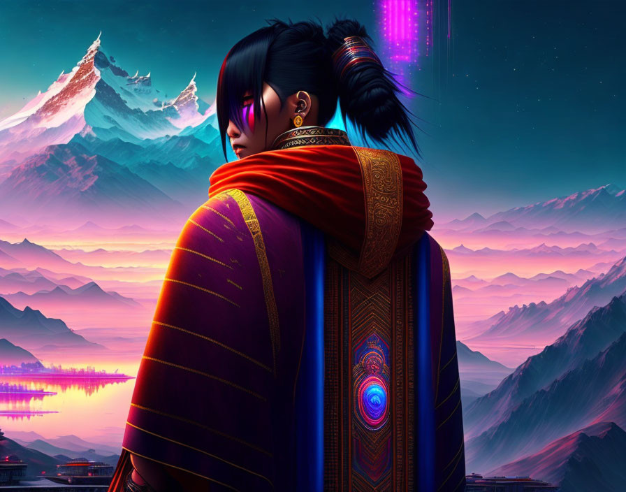 Person in intricate attire overlooking futuristic landscape with mountains and vivid sky