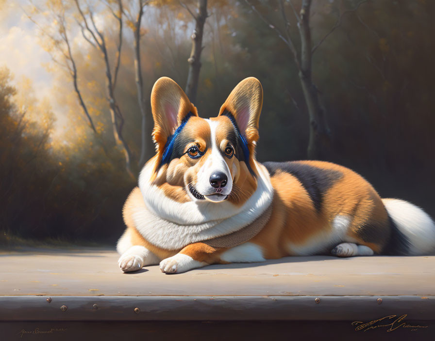 Realistic Tricolor Corgi Painting on Wood with Autumn Forest Background