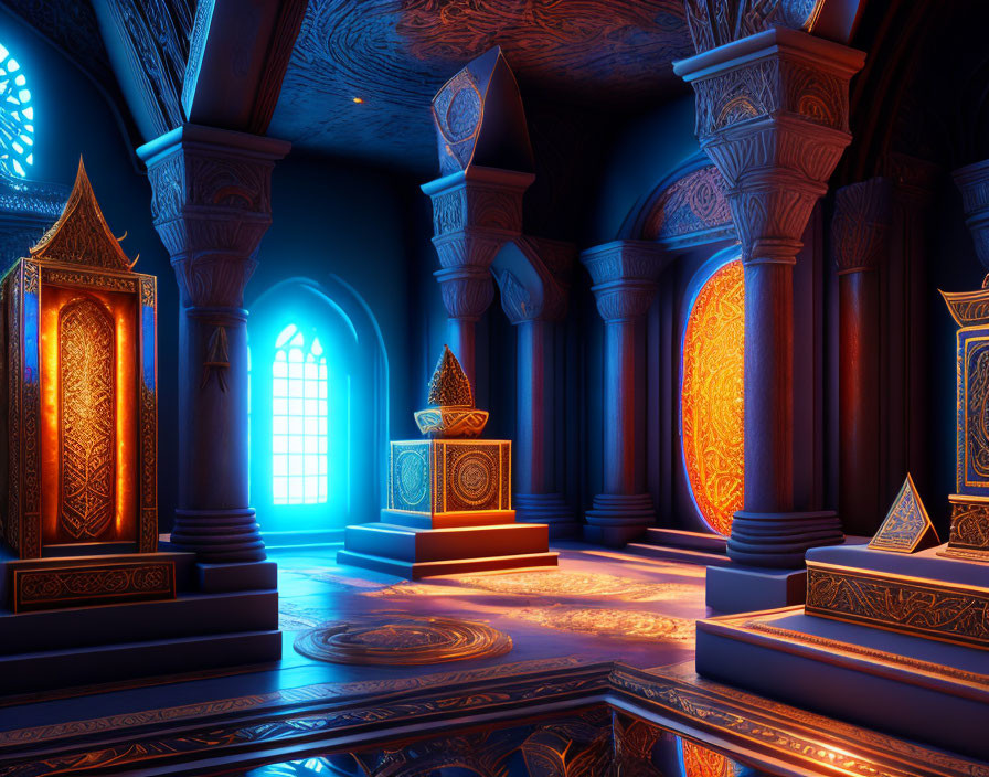 Detailed 3D rendering of mystical ornate interior with glowing lights