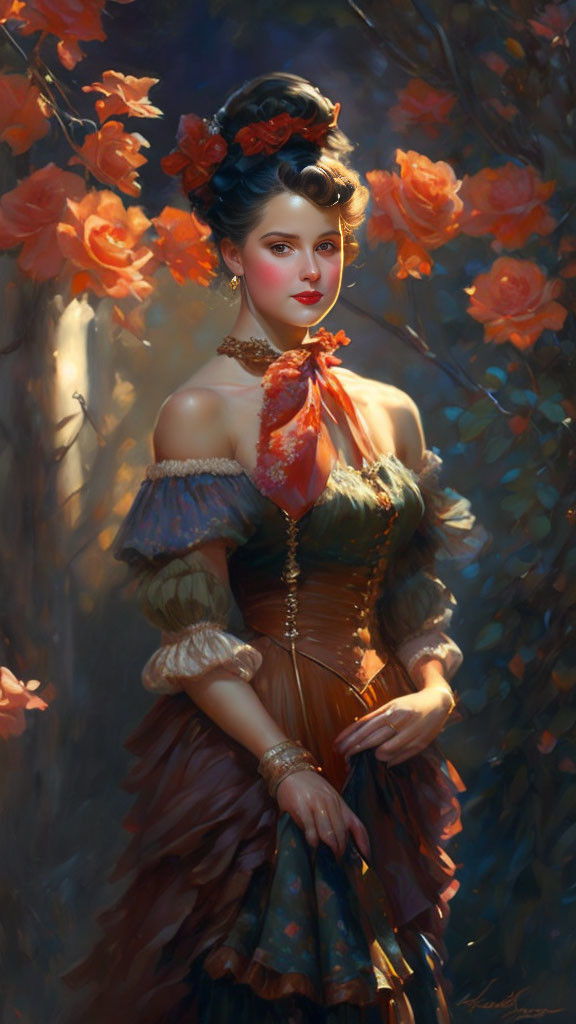 Woman in elegant attire with floral hair accessories in autumn botanical setting