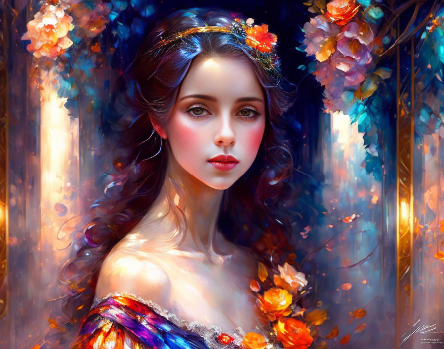 Colorful Flowers Adorn Woman in Dreamy Digital Painting