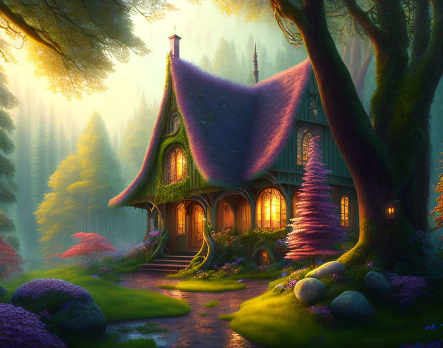 Cozy cottage in magical forest with glowing windows