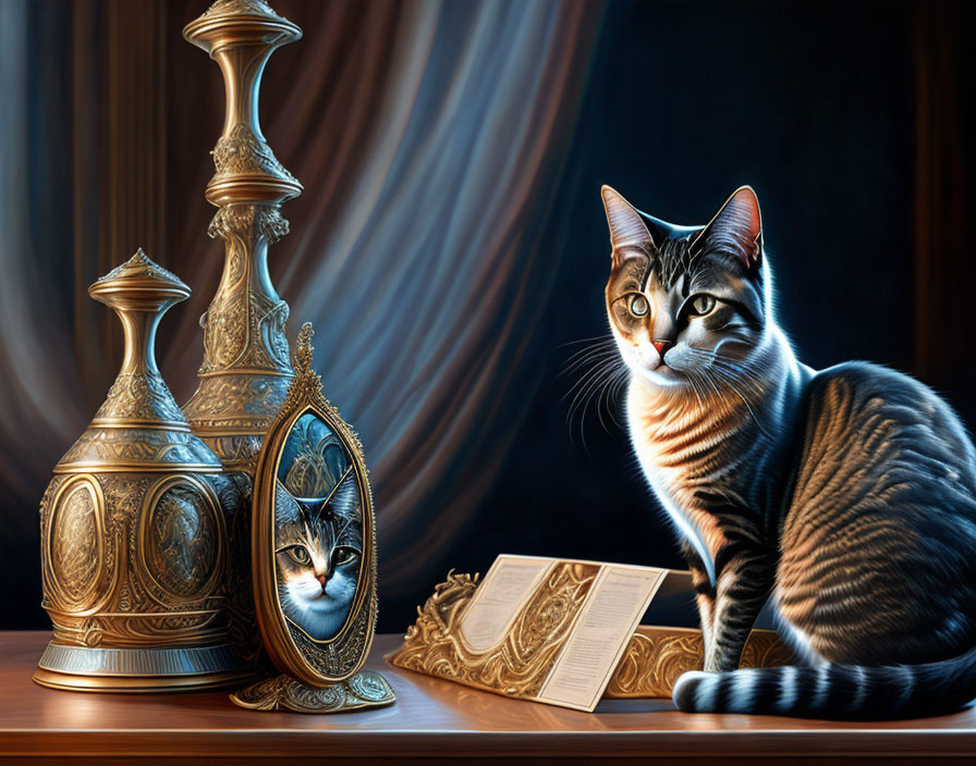 Cat beside ornate metalware and mirror on table with book under warm lighting