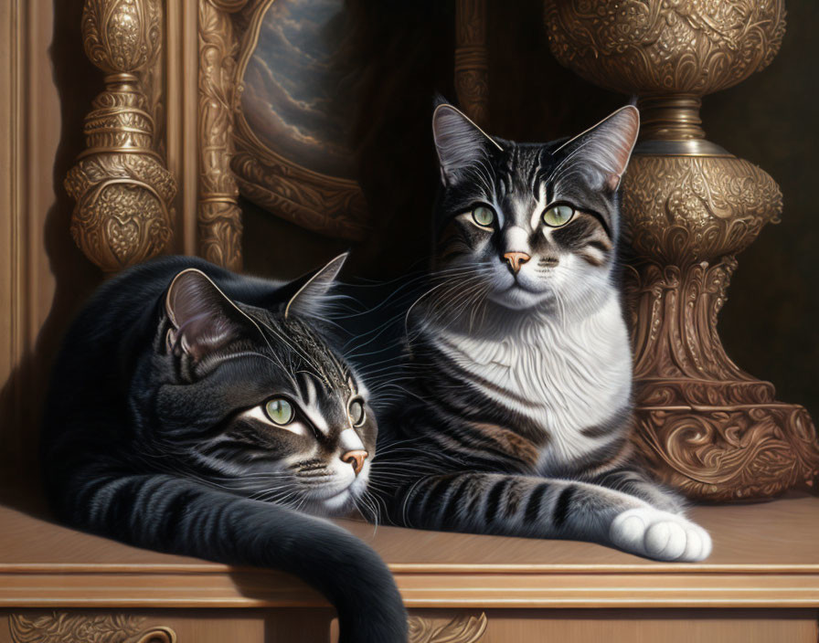 Two Striped Cats with Green Eyes on Ornate Golden Background