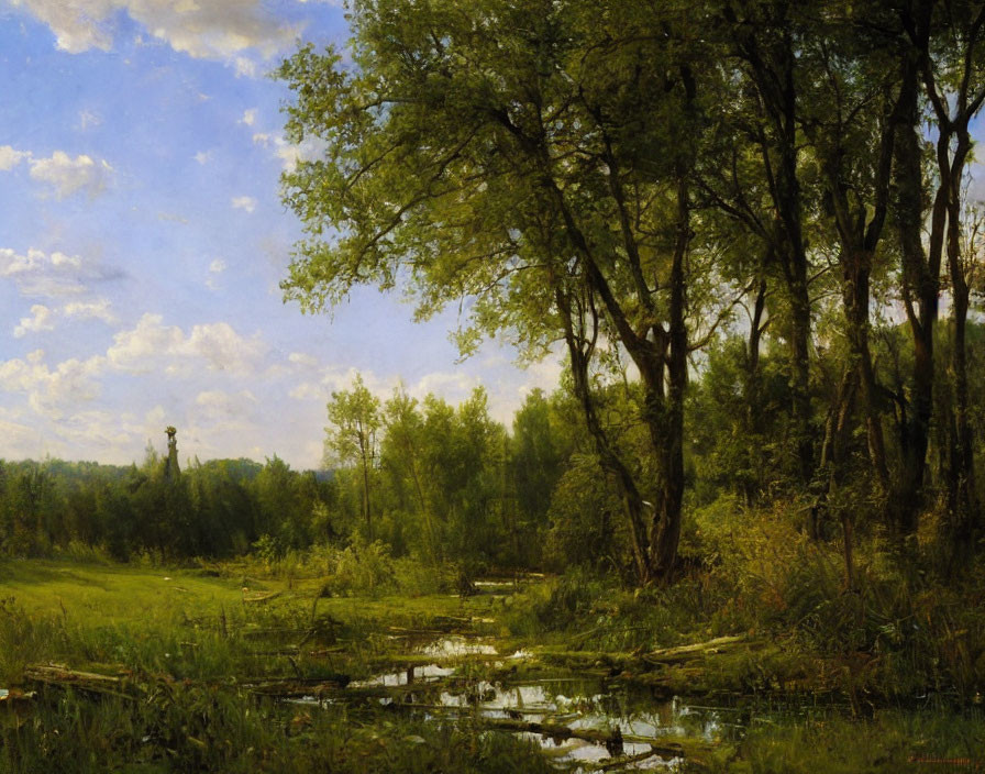 Tranquil forest landscape with stream and clear sky