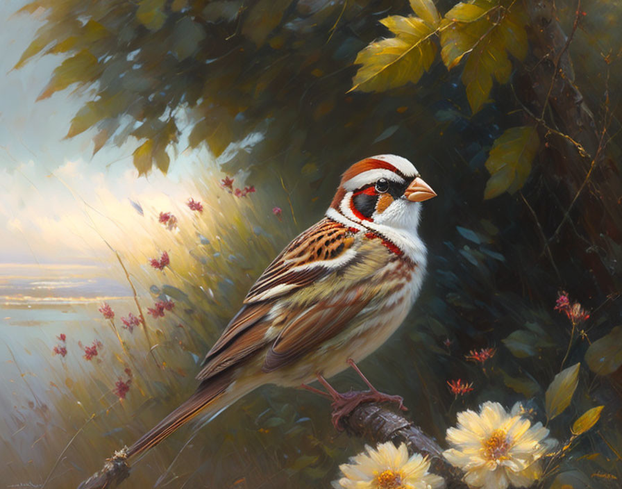 Realistic painting of sparrow on branch with yellow flowers at sunrise