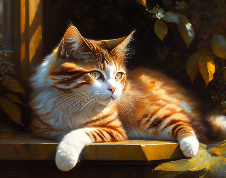 Orange and White Cat Relaxing in Sunlight Beside Green Foliage