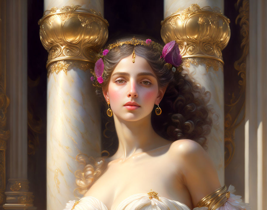 Regal woman with gold earrings and floral headpiece by marble pillars