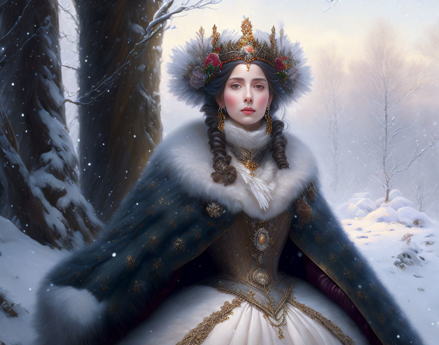 Regal woman in fur-trimmed coat and headdress in snowy forest