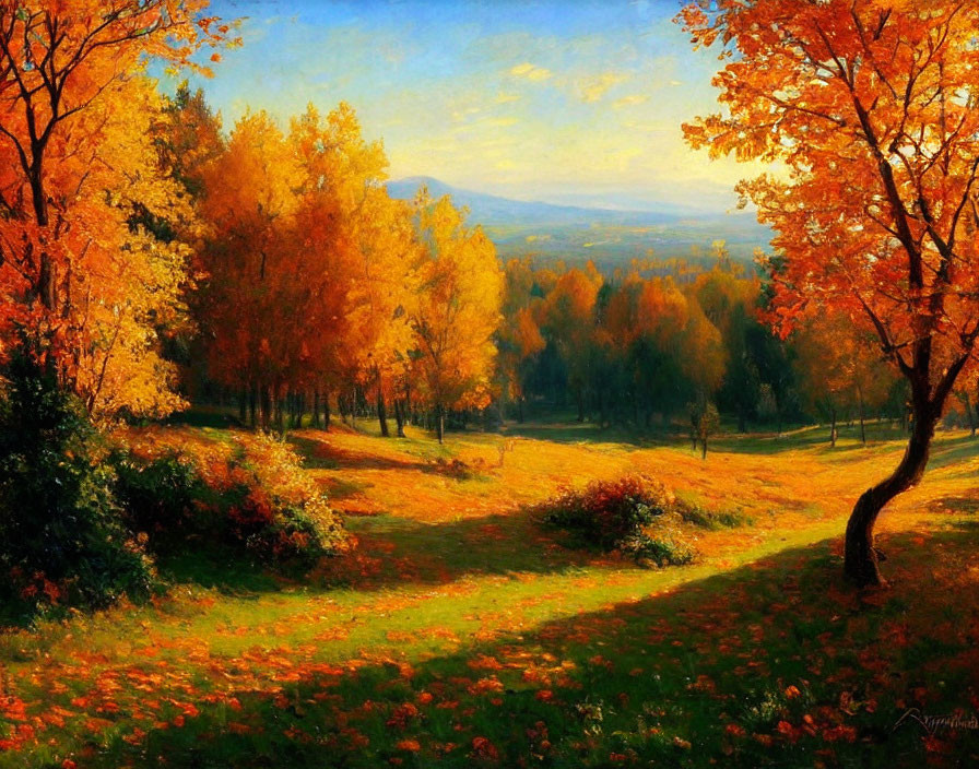 Vibrant autumn landscape with orange and yellow foliage, sunlit trees, grassy path, distant