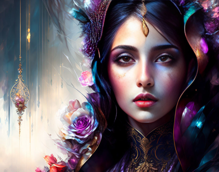Digital artwork featuring woman with ornate headpiece and vibrant flowers