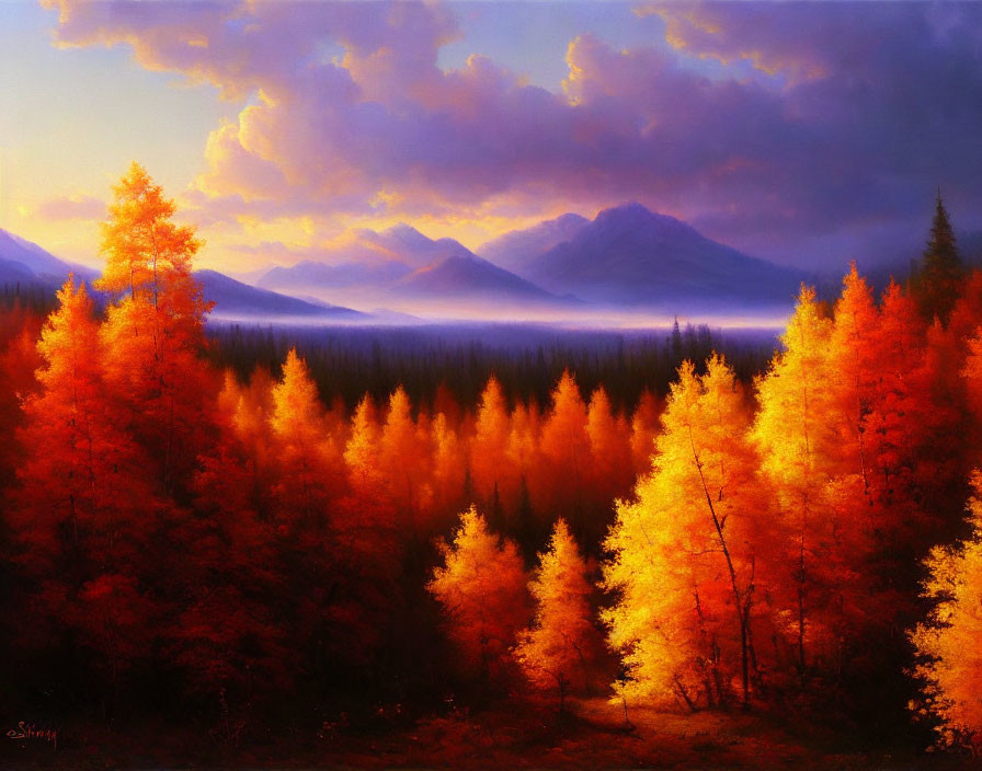 Autumn forest with golden leaves under warm sunset glow