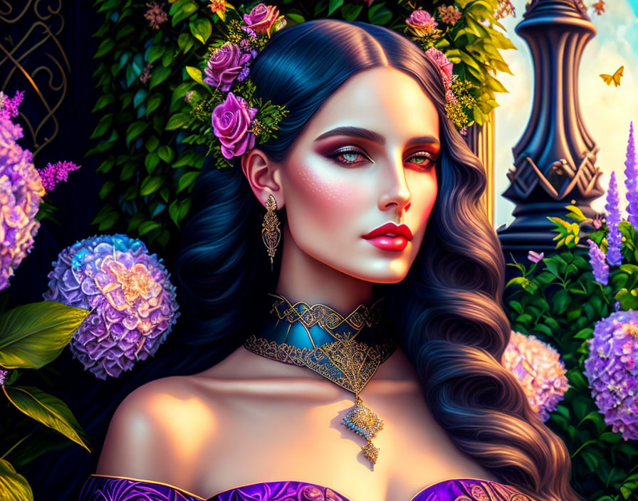 Digital Artwork: Woman with Long Wavy Hair and Floral Adornments