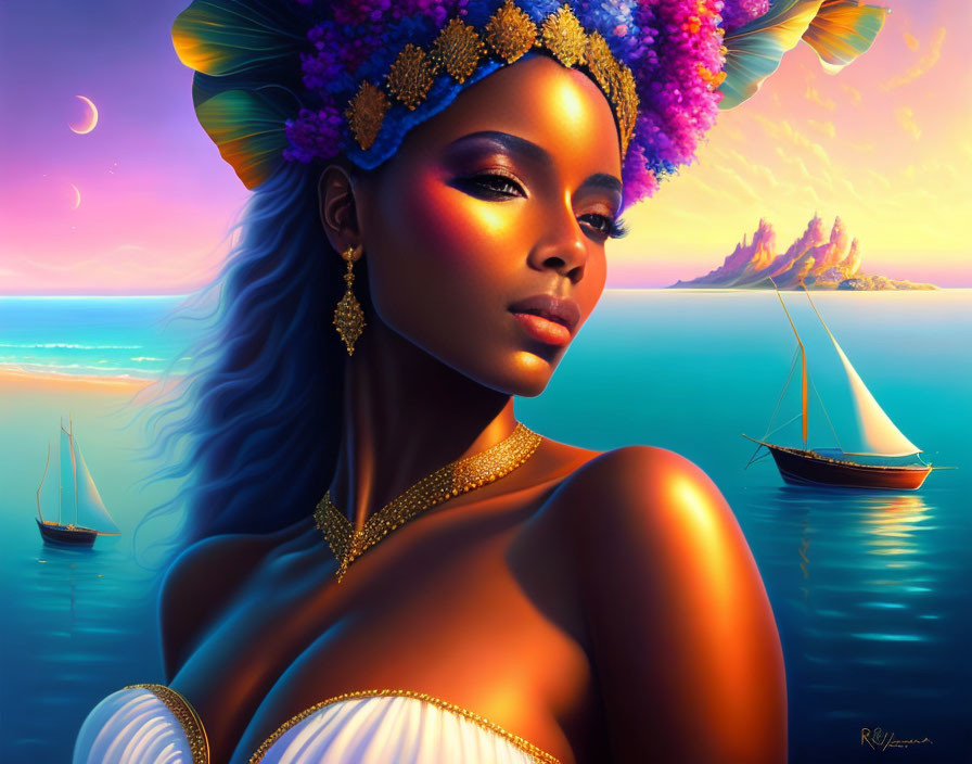 Woman with floral headpiece overlooking sailboats at sunset in digital painting