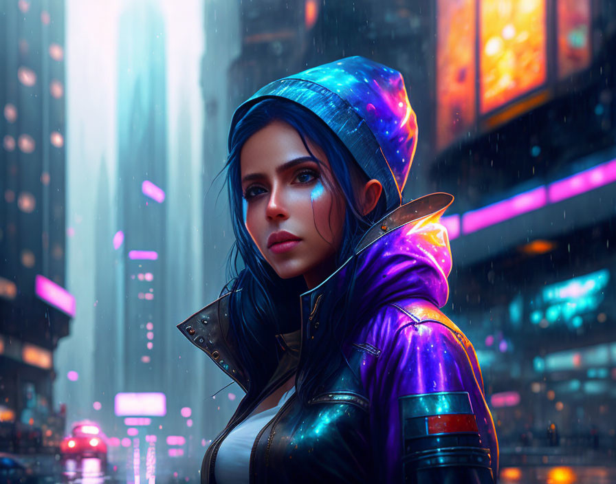 Futuristic woman in iridescent jacket in neon-lit rainy cityscape