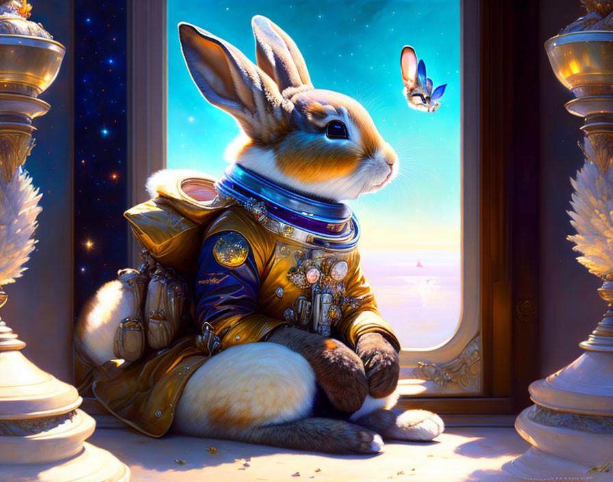 Anthropomorphic rabbit in spacesuit gazes at butterfly in space scene