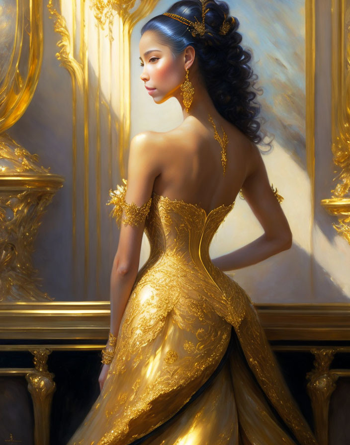 Elegant woman in golden gown with updo hairstyle in luxurious room