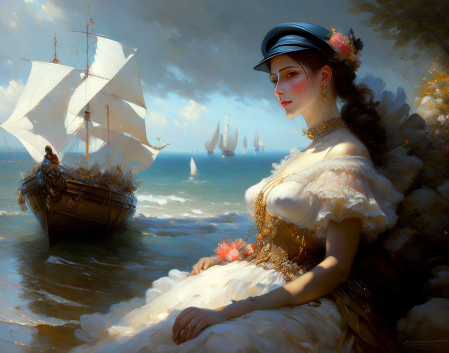 Woman in white dress and nautical hat by the sea with sailing ships in the background