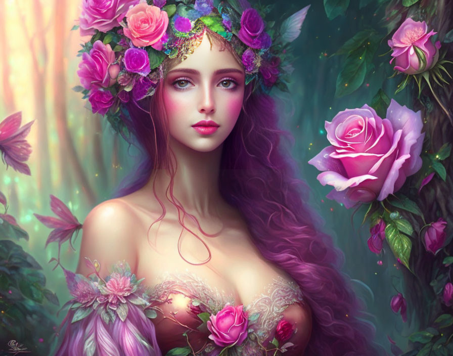 Fantasy image: Woman with purple hair and flower crown in lush greenery