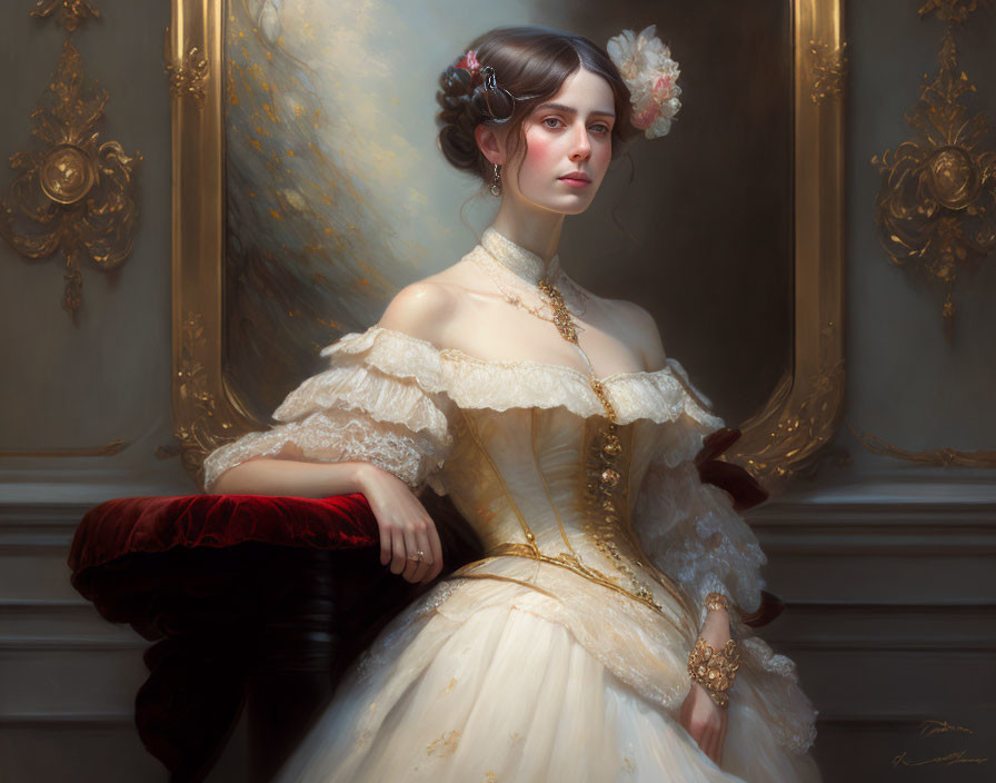 Portrait of woman in white and gold dress with lace, leaning on red velvet chair against ornate mirror