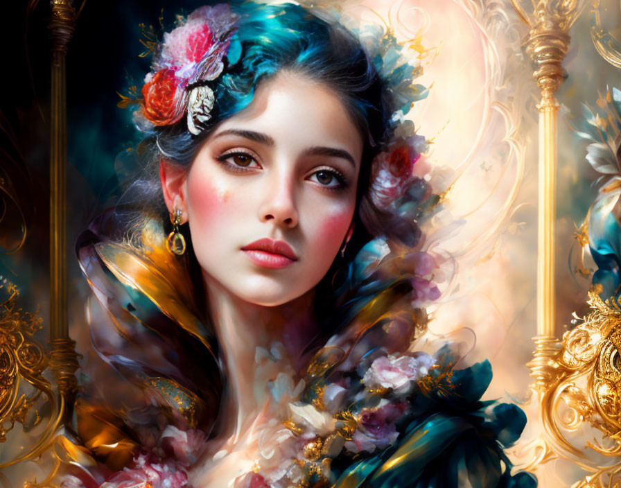 Ethereal woman with floral adornments and golden baroque elements