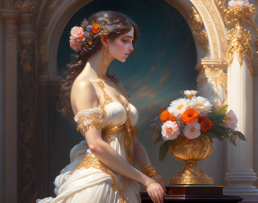 Classical gown and floral headpiece portrait in golden light