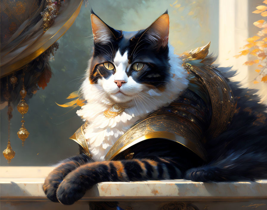 Majestic black and white cat in golden armor against autumn backdrop