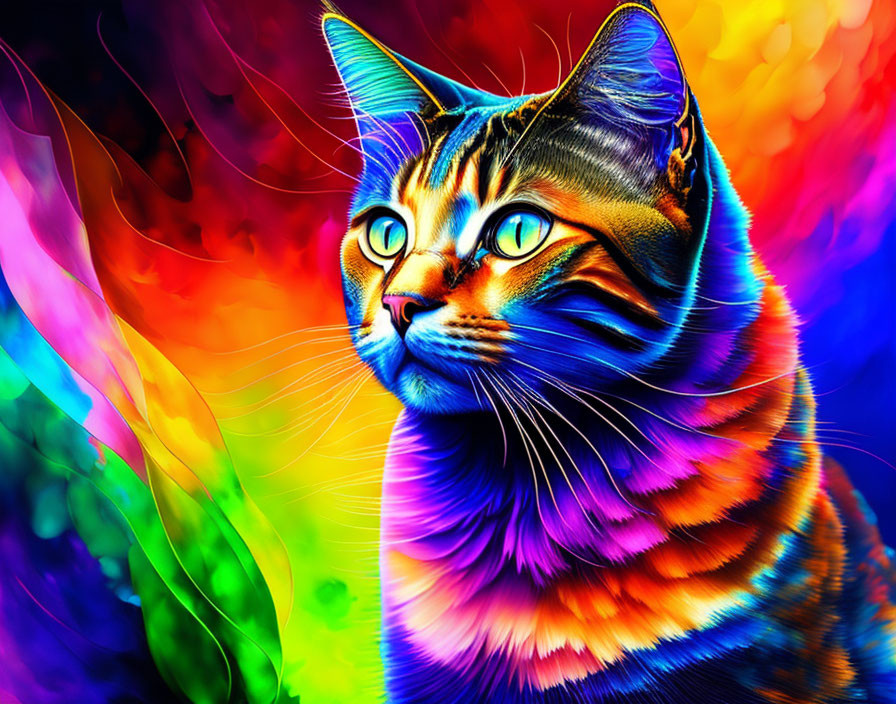 Colorful Digital Art: Cat with Rainbow Palette on Flame Background