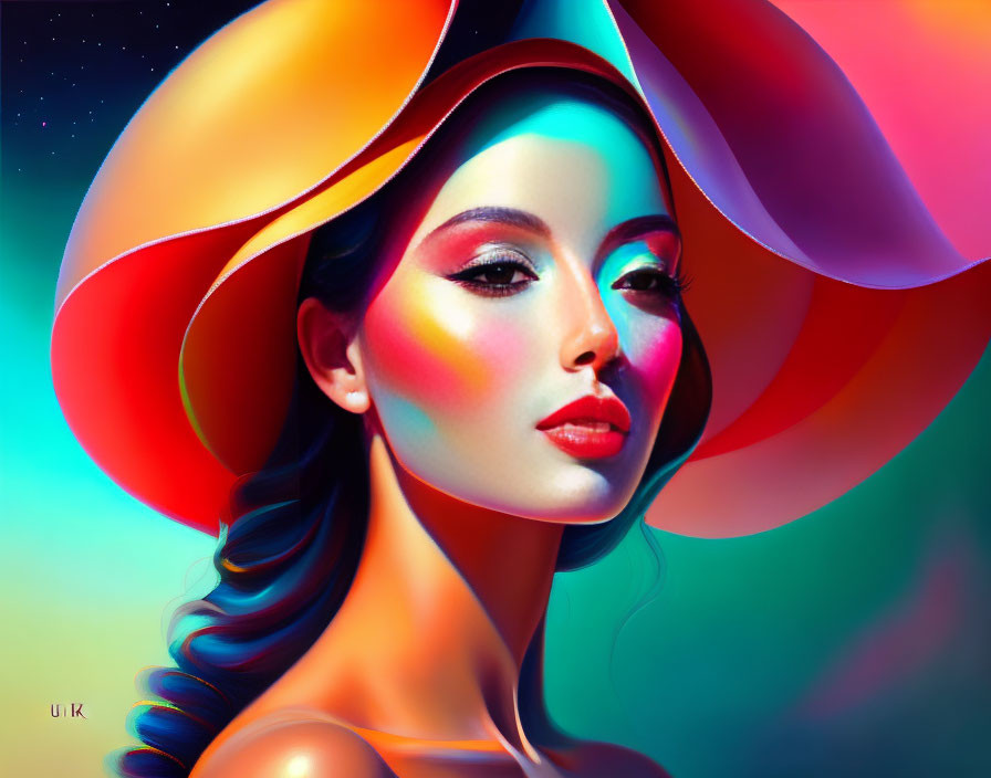 Colorful digital art of a woman with large hat and makeup, vibrant hues.