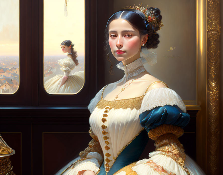 Victorian-era woman in regal dress gazes out window at cityscape