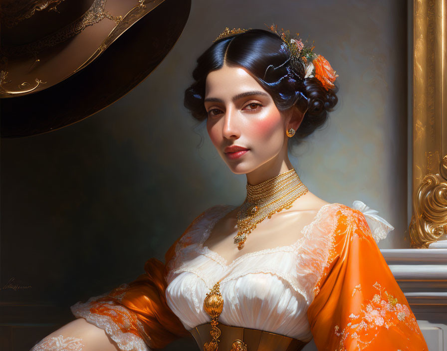 Elegant woman portrait in orange dress with gold jewelry and floral hair accessory