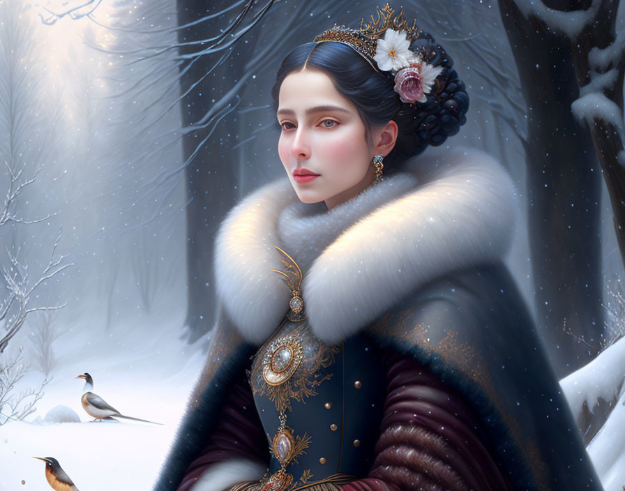 Digital painting of woman in ornate historical winter attire with birds in snowy background