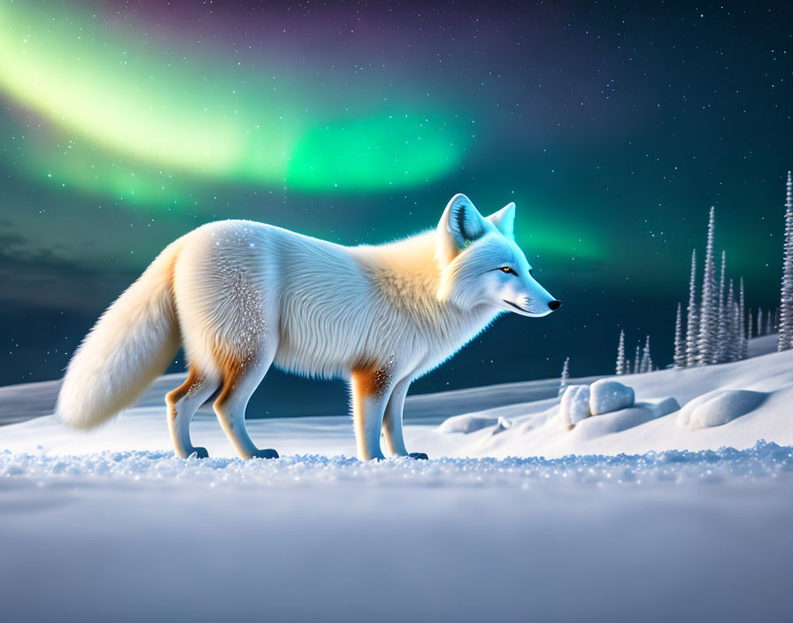 Majestic white fox in snowy landscape under green aurora borealis