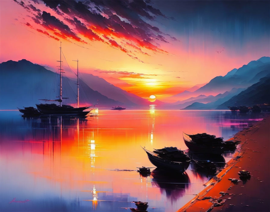 Colorful digital artwork: Sailboats on calm waters with mountain backdrop and vibrant sunset