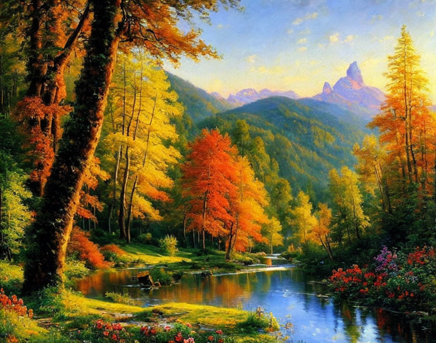 Scenic autumn landscape with vibrant foliage, river, and mountain peaks