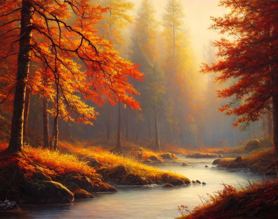 Tranquil autumn forest with golden leaves, meandering stream, and sunlight beams