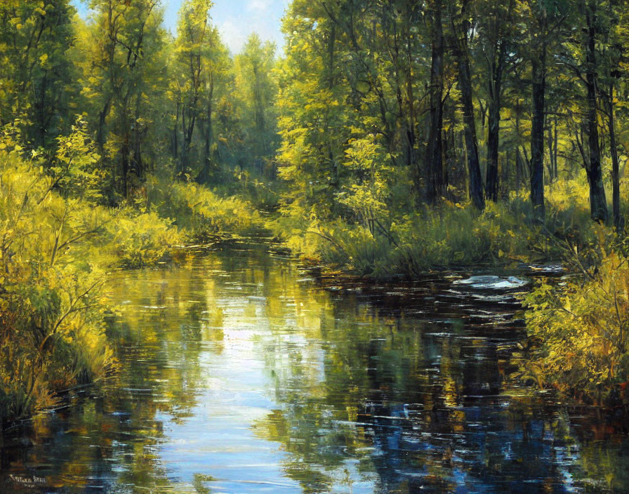 Tranquil forest creek painting with sun-dappled trees and calm water