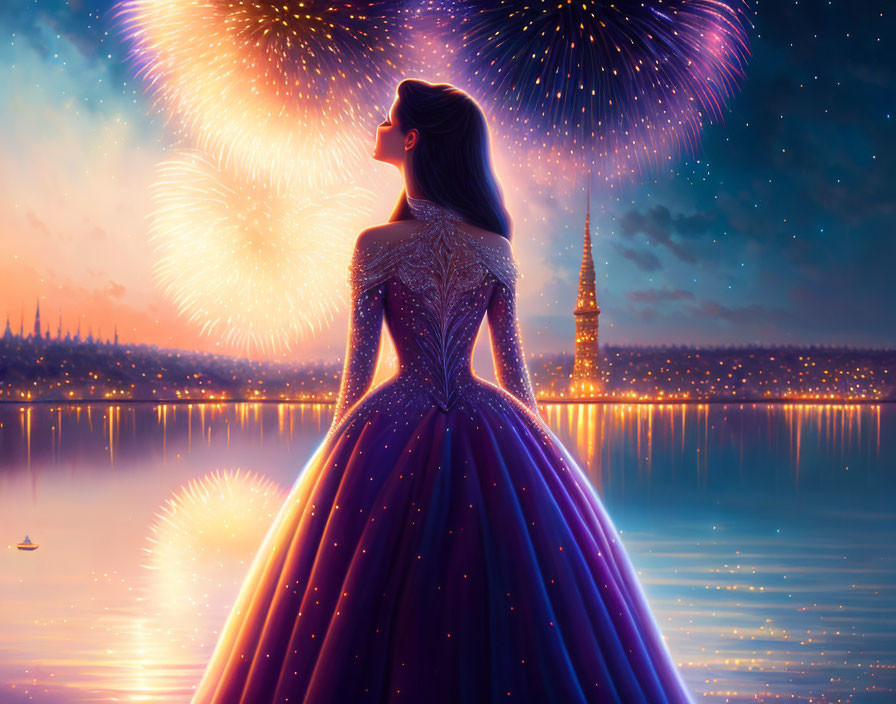 Woman in elegant ball gown admires vibrant city fireworks display