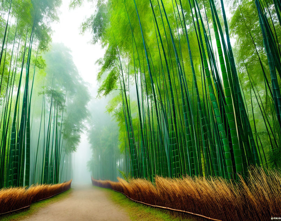 Tranquil bamboo forest pathway in misty haze