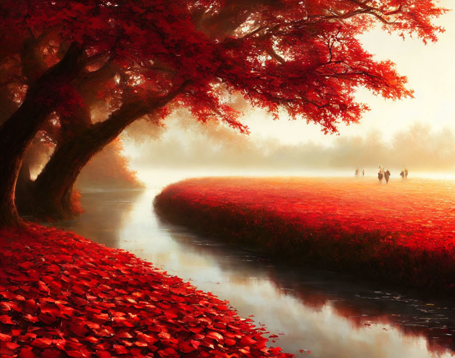 River and Red Trees in Misty Autumn Scene