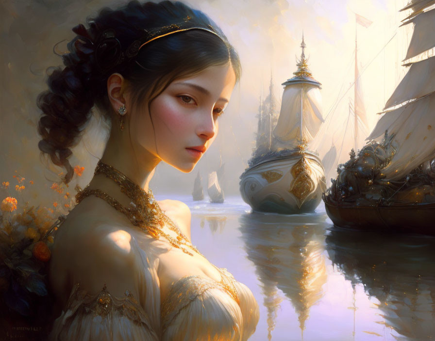 Portrait of a woman in ornate dress against sailboats at sunset